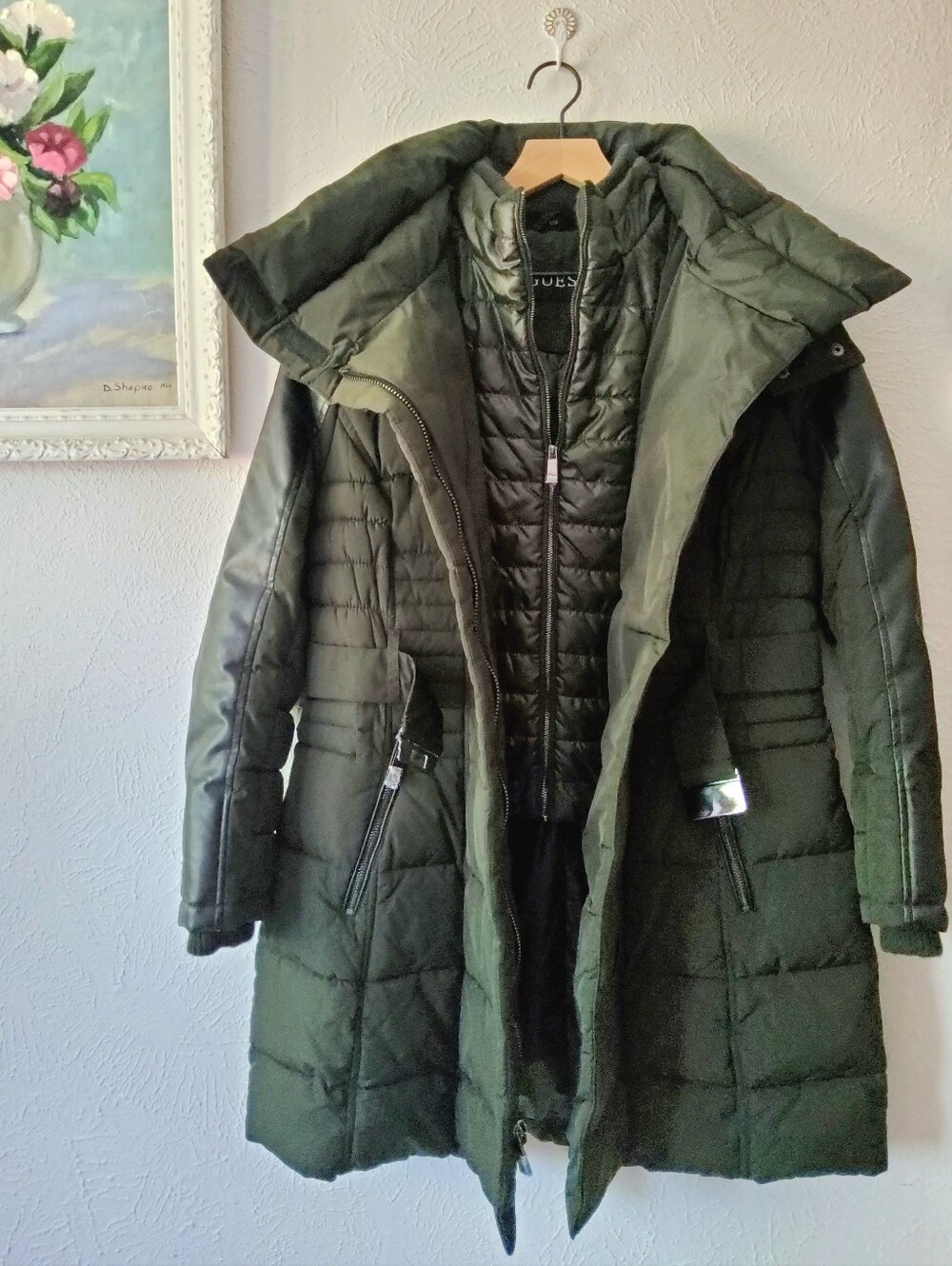 GUESS Hooded Puffer Coat Pleather Sleeve Sz. Large